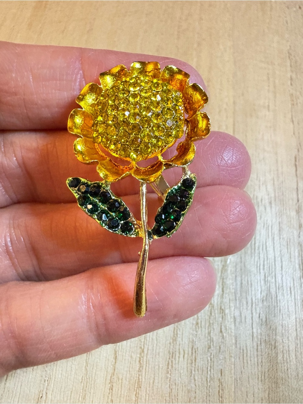 Gold and Yellow Flower Brooch with Green Crystal Leaves